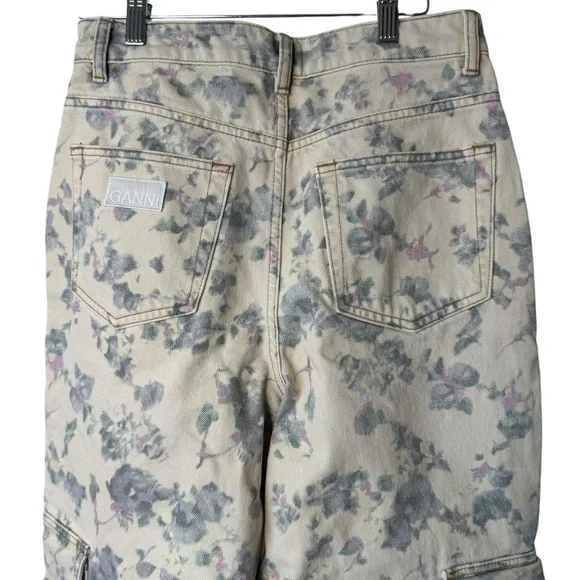 Ganni NEW Tofu Print Denim Angie Ivory Floral Wide Leg Cargo Denim Pant Size 30 - Picture 8 of 10